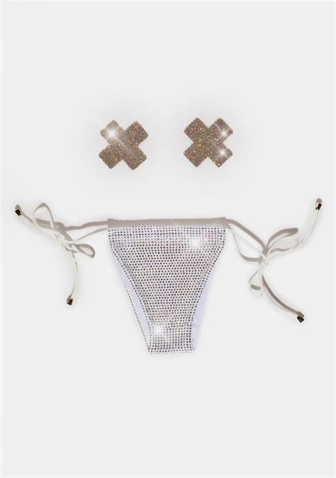 Neva Nude Iridescent Rhinestone X Pasties And Panty Set Silver Rhinestone Pasties