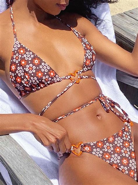 Emmiol Free Shipping 2024 Heart Accent Floral Bikini Set Burgundy L In