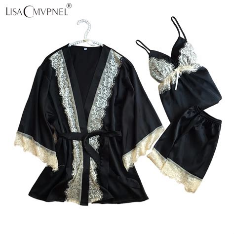 Lisacmvpnel 3 Pcs Sexy Lace Women Robe Sets With Pad Nightgown Robe