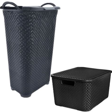 Kit Cesto De Roupa Rattan L Caixa Organizadora L Preta Arqplast