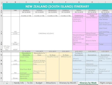 Travel Planning Excel Spreadsheets Itinerary Monthly Organizer By Day