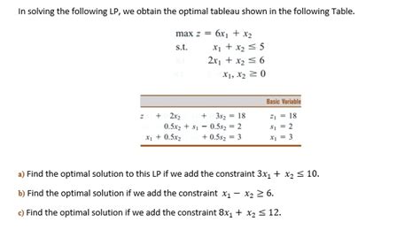 Solved Please Explain It In Solving The Following Lp We Obtain The Optimal Tableau Shown In