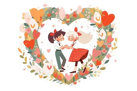 Premium Photo Lesbian Anime Couple Inside Floral Heart Illustration Valentine Romantic Background