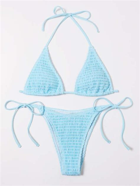 SHEIN Swim Vcay Mono Bikini Set Smocked Micro Triangle Bra Tie Side Bottom 2 Piece Swimsuit