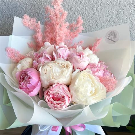 15 White and Pink Peonies Hand-Tied Bouquet