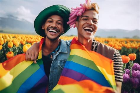 Una Hermosa Pareja Gay Feliz Con Los Colores Del Arco Iris En Un Campo De Flores Fondo De