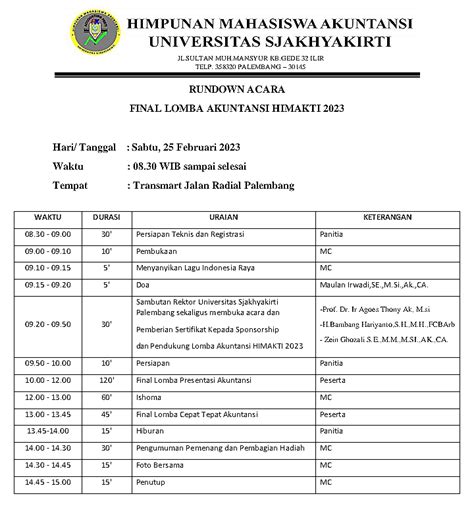 RUNDOWN ACARA FINAL LOMBA AKUNTANSI HIMAKTI 2023 Fakultas Ekonomi