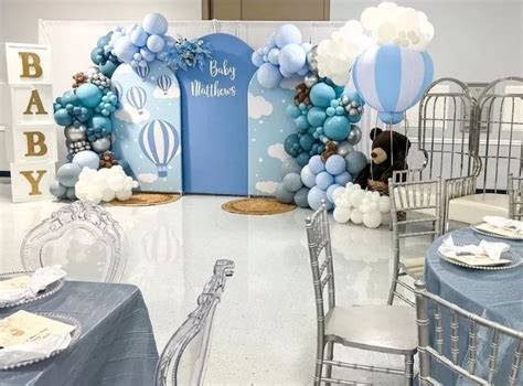 Newborn Baby Shower Arch Wall Backdrop Cover Blue White Clouds Hot Air Hot Air Balloon Baby