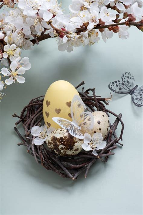 Guilos De Pascua En El Nido Con Flores Y Mariposa En Un Fondo Verde