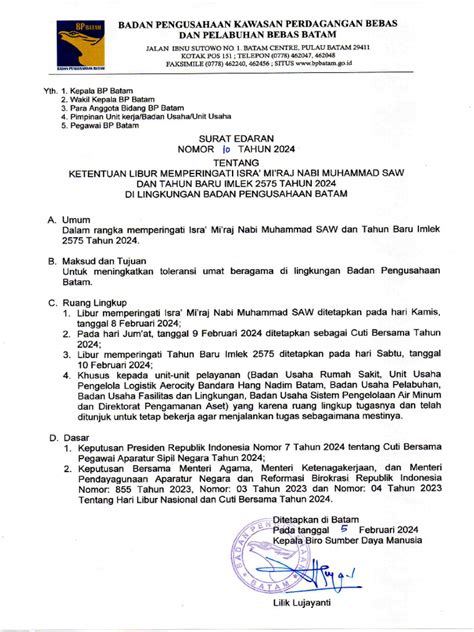 Surat Edaran Nomor 10 Tahun 2024 Bp Batam Tentang Ketentuan Libur Memperingati Isra Miraj Nabi