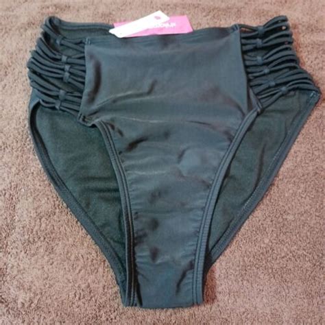 Juniors Strappy Side High Waisted Black Bikini Bottom Xhilaration Size