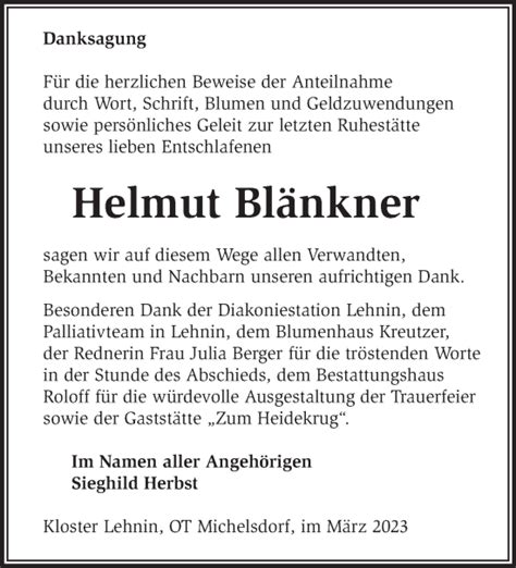 Traueranzeigen von Helmut Blänkner Märkische Onlinezeitung Trauerportal