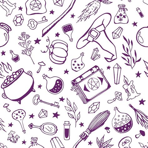 Premium Vector Seamless Pattern With Hand Drawn Magic Tools Concept