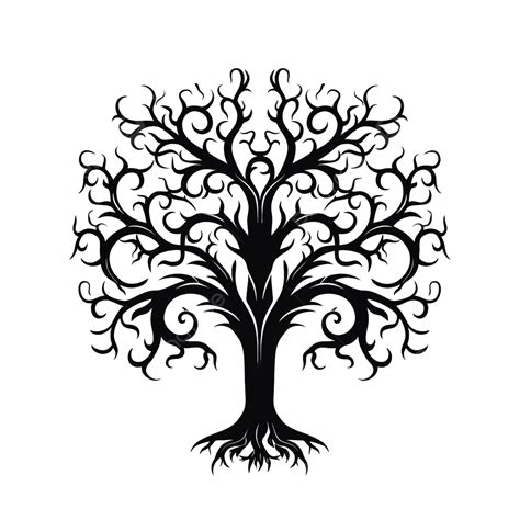 Black Spooky Halloween Tree Silhouette Linear Doodle Style Halloween