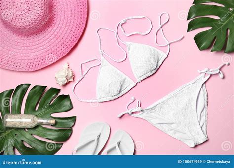 Flat Lay Composition With Stylish Bikini Stock Image Image Of Creative Leaf