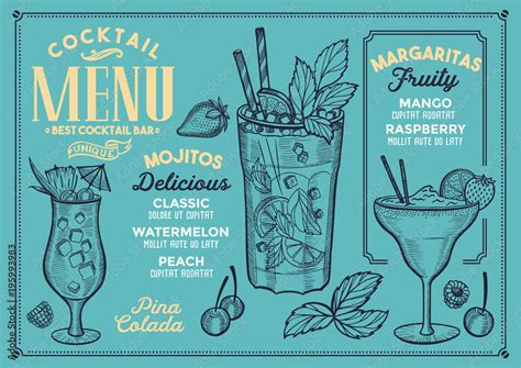 Cocktail Bar Menu Vector Drinks Flyer For Restaurant And Cafe Design Template With Vintage