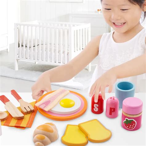 Girls Pretend Play Toys Simulate Wooden Kitchen Toy Breakfast Set Play