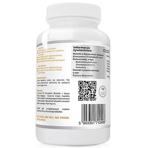 KURKUMINA PIPERYNA CURCUMIN C3 500mg BIOPERINE 10mg COMPLEX Produkt