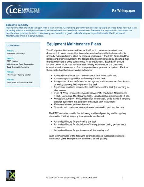 Equipment Maintenance Plans Life Cycle Engineering