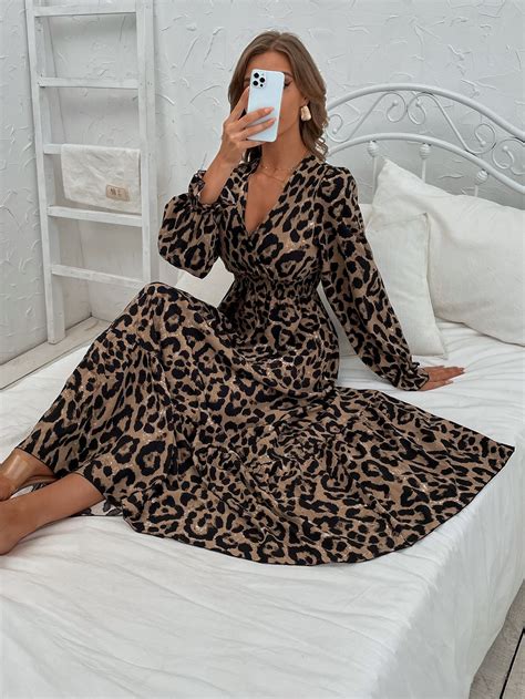 Cheetah Print Flounce Sleeve Shirred Dress Floral Dresses Long