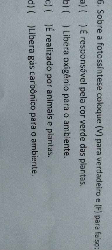 Sobre A Fotoss Ntese Coloque V Para Verdadeiro E F Para Falso A