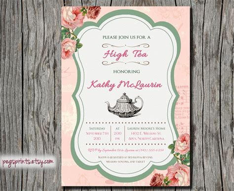 High Tea Invitation Pink Roses Printable by PegsPrints on Etsy