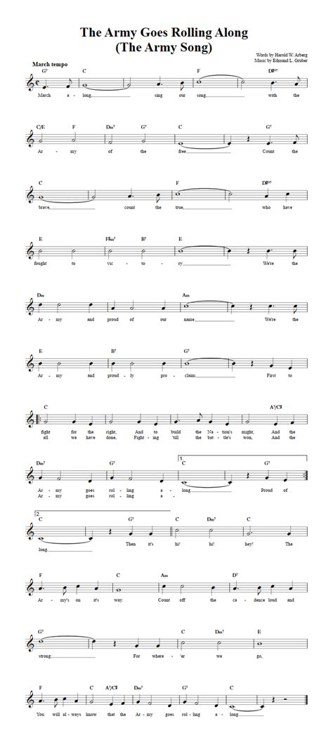 The Army Goes Rolling Along B-Flat Instrument Sheet Music (Lead Sheet) with Chords and Lyrics