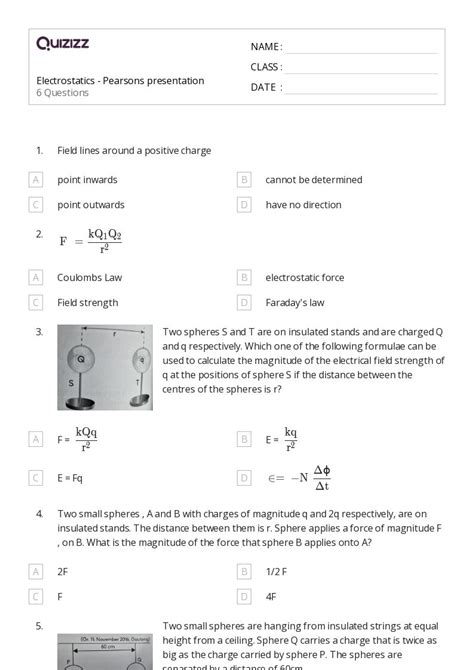 Coulombs Law And Electric Force Worksheets For Th Class On