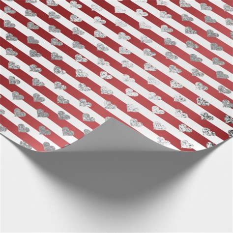 Heart Silver Gray Metallic Stripes Lines Red White Wrapping Paper Zazzle