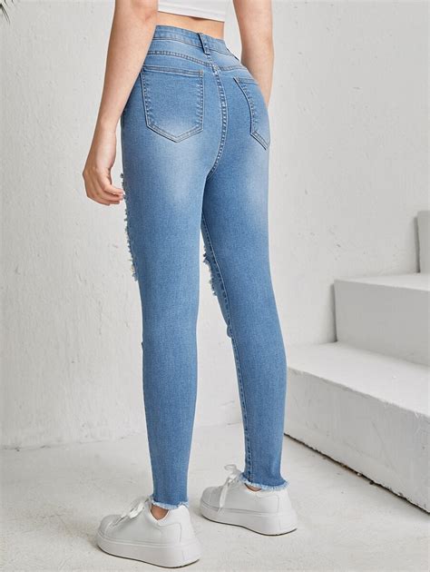 Shein Teen Girl Ripped Raw Hem Jeans Shein Usa