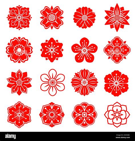 Red chinese, japanese and korean flowers, Asian floral patterns or ...