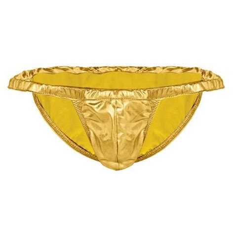 YONGHS Homme String Métallique Sexy Slip Brillant Latex Lingerie Erotique Gay Jockstrap Tanga Or
