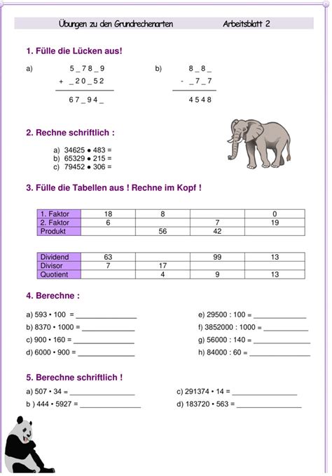 Bungsblatt Zu Grundrechenarten