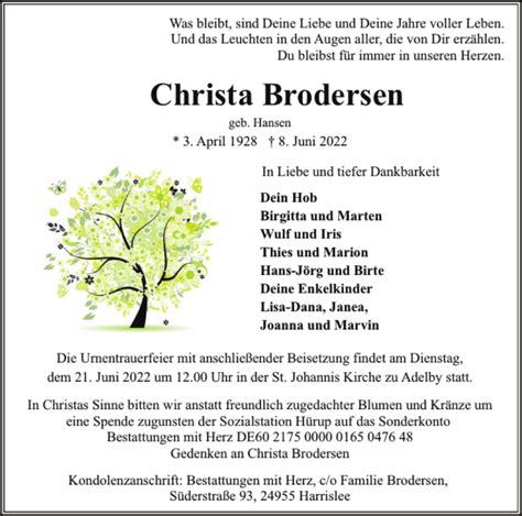 Traueranzeigen Von Christa Brodersen Sh Z Trauer