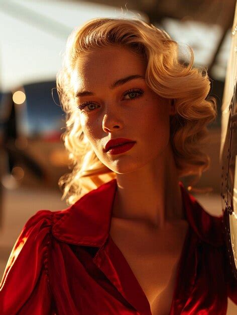 Premium Photo A Blonde Pin Up Girl Leaning On A Vintage Aircraft