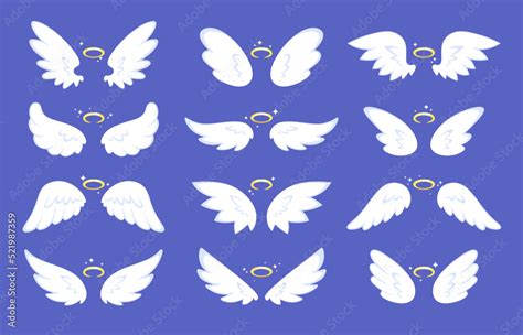 Cartoon angel wings. Drawing wing with halo, cute shining winged ...