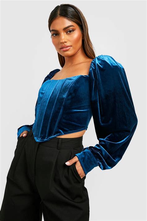 Volume Sleeve Velvet Corset Top Boohoo