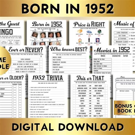 70th Birthday Party Games Printable Born In 1952 1950s Game Etsy Uk