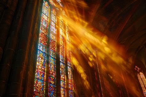 A Large Stained Glass Window Inside A Church Featuring Colorful Religious Imagery And Intricate