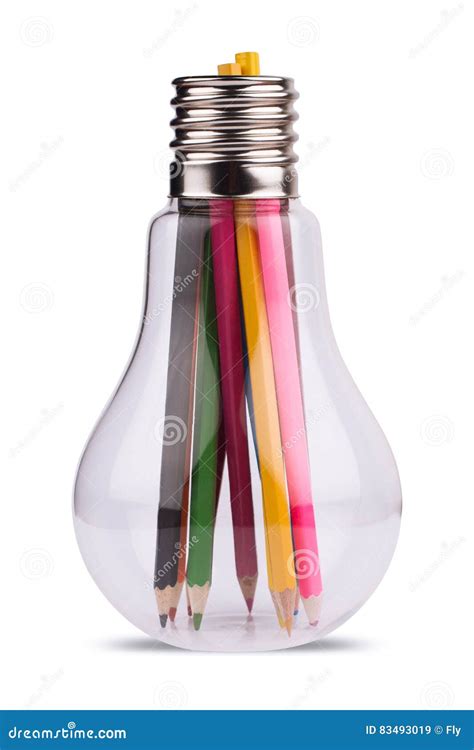 Light Bulb With Many Colored Pencils Inside On White Stock Image