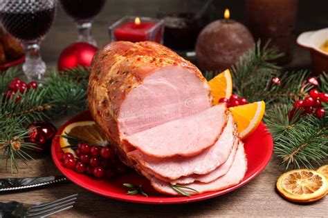 Plate with Delicious Ham Served on Table. Christmas Dinner Stock Photo ...