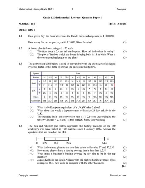 Grade 12 Mathematical Literacy Question Paper 1 Marks