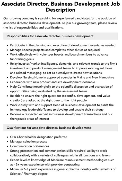 Associate Director Business Development Job Description Velvet Jobs