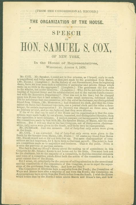 The Organization Of The House Speech Of Hon Samuel S Cox Of New