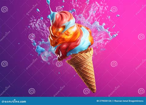 Illustration Showcasing An Ice Cream Cone With Vibrant Colors Melting Into A Creative Splash