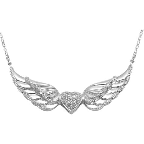 Sterling Silver Ctw Diamond Angel Wing With Heart Pendant Diamond