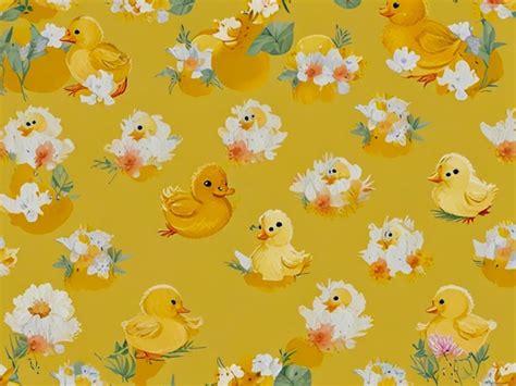 A Yellow Background With Ducks And Flowers On It Premium AI Generated