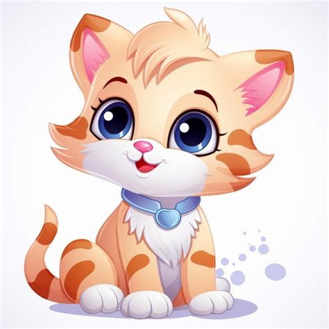 Lindo Gatito De Dibujos Animados Con Ojos Azules Y Un Collar Sobre Un