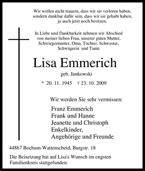 Traueranzeigen Von Lisa Emmerich Trauer In NRW De