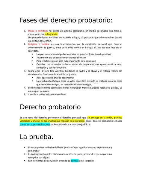 Clase Fases Del Derecho Probatorio Tnica O Primitiva No Exist A Un